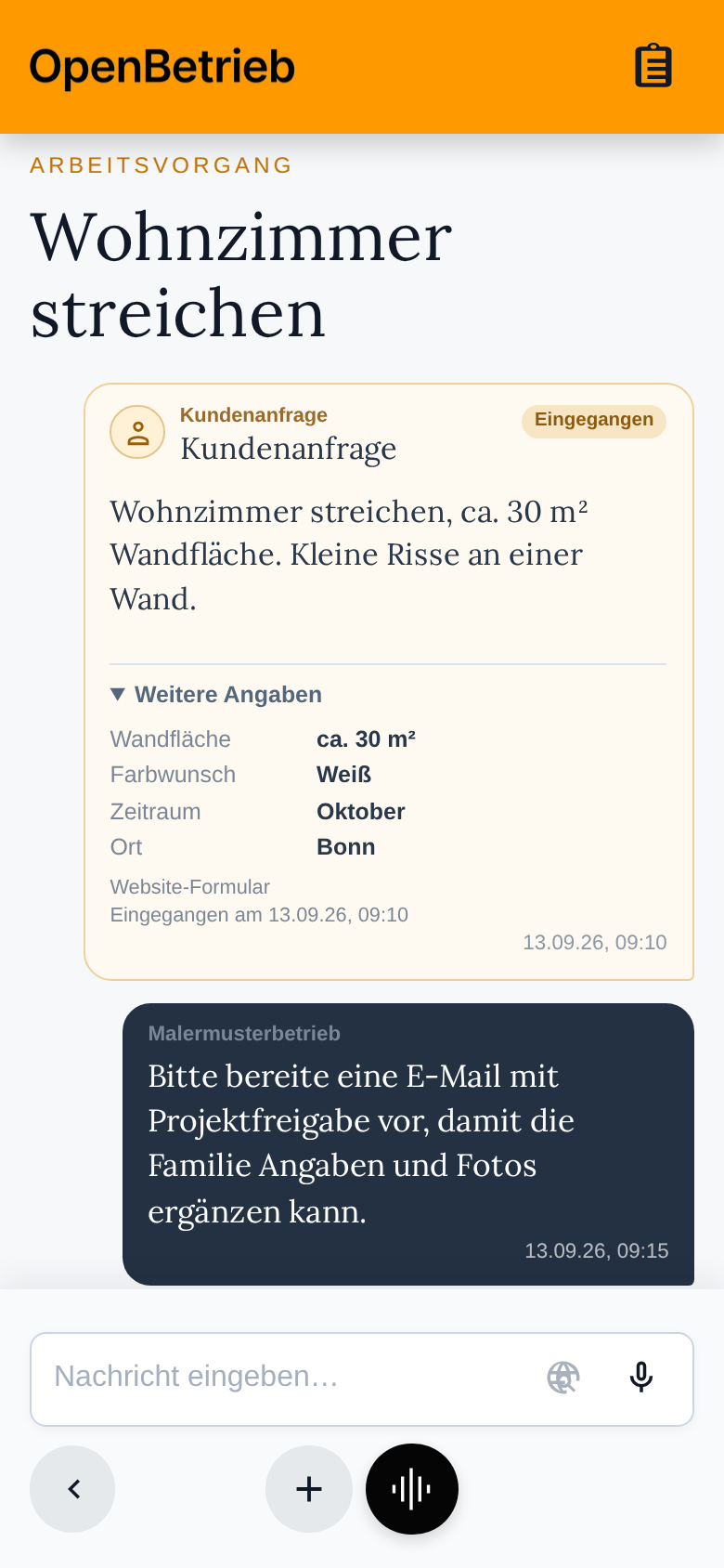 OpenBetrieb-Fallakte mit Kundenanfrage, Wandfläche, Farbe und Zeitraum