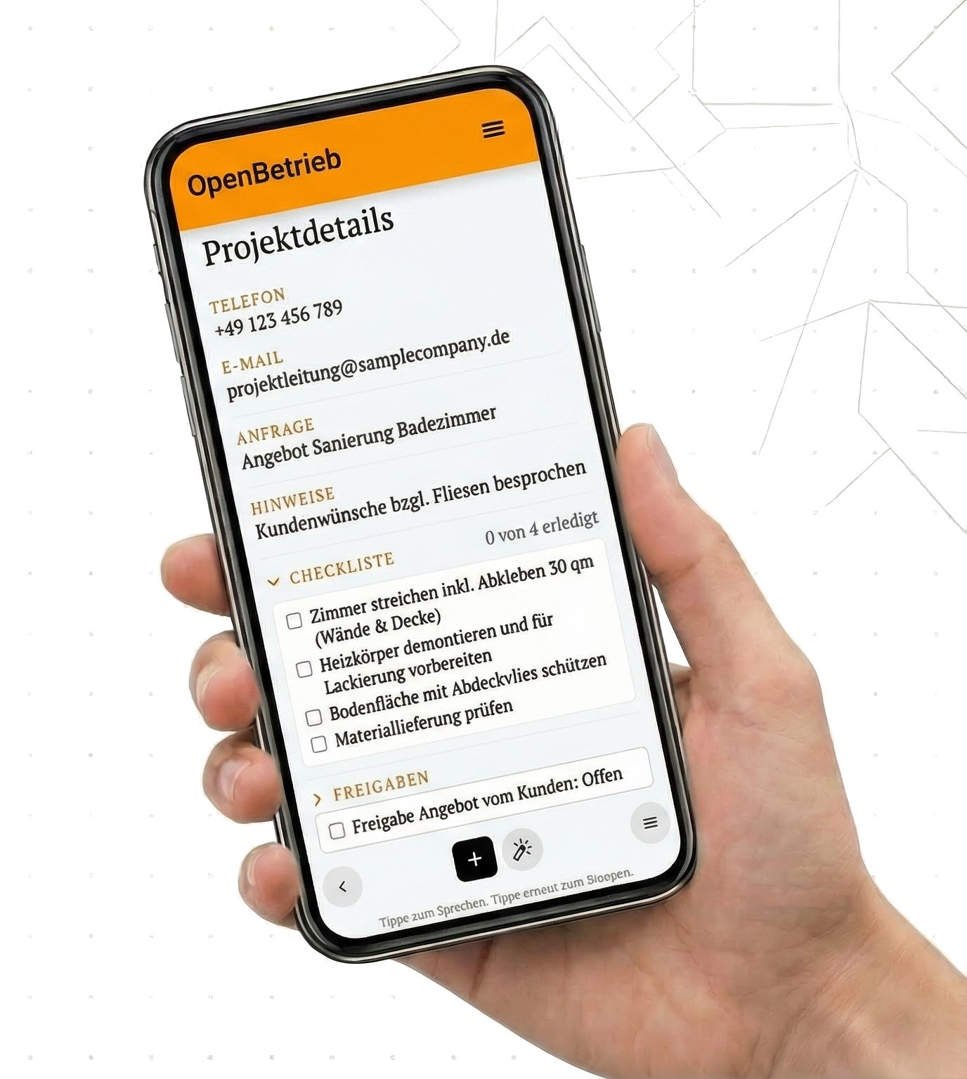 Projekt- und Vorgangsdetails in OpenBetrieb